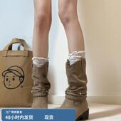 绒面粗跟褶皱堆堆靴 西部牛仔靴女秋冬新款 牛皮版 覆古风编织新款