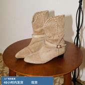 休闲西部靴女覆古绒面皮带扣V口褶皱堆堆靴 设计感秋冬时尚