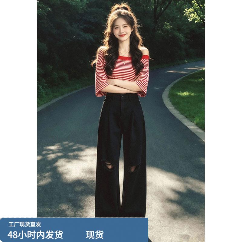 一字领露肩红色条纹七分袖t恤女夏季2026夏季休闲风别致绝美上衣