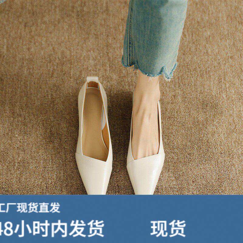 白色软羊皮方头浅口单鞋女2026夏季新款气质平底小皮鞋软真皮瓢鞋