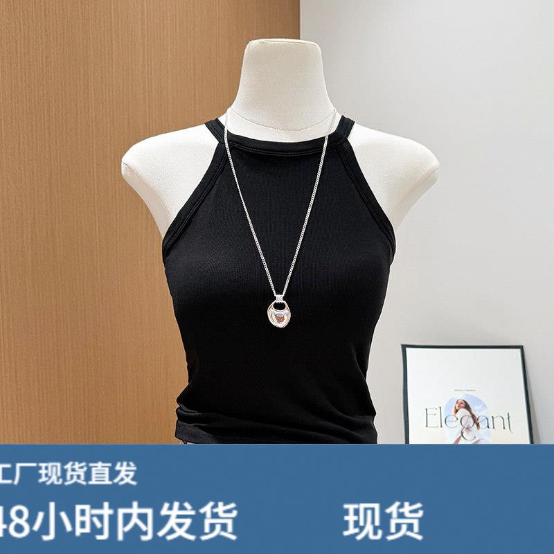 莱赛尔针织挂脖小吊带背心带胸垫女美背内衣夏季黑色辣妹外穿上衣