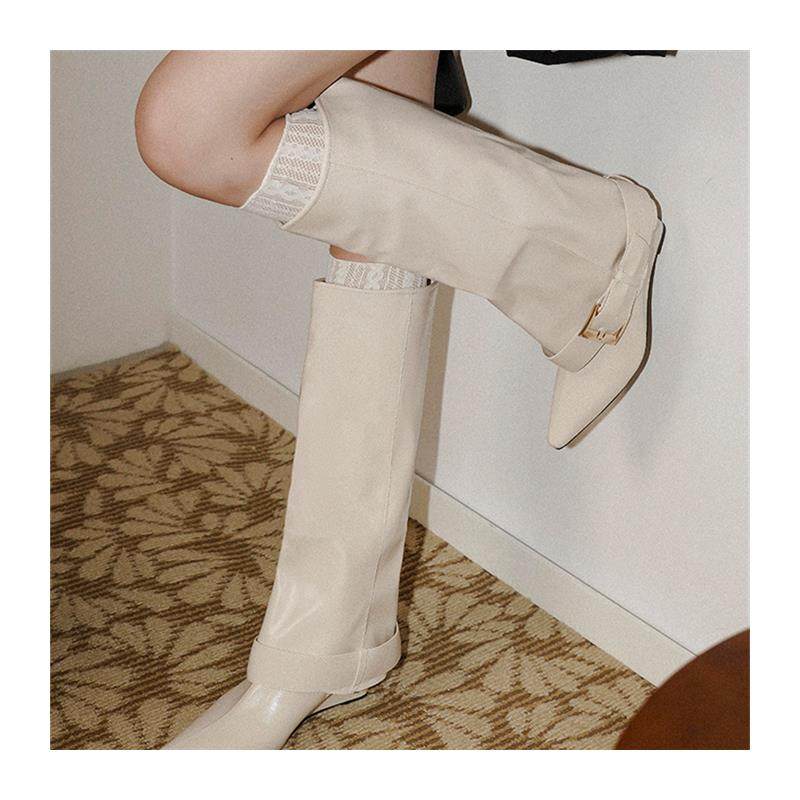 梨小七~坡跟长筒靴女法式气质小众设计感裤管靴皮带扣尖头骑士靴