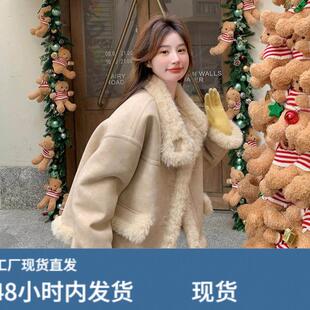 韩系温柔风奶fufu短款仿羊羔毛外套女冬2025新款皮毛一体加厚棉服