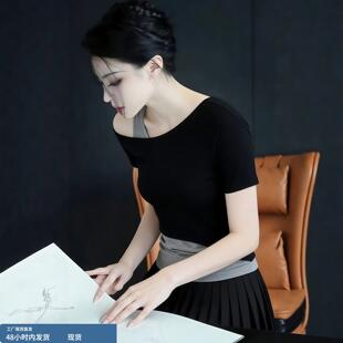 斜肩露肩假两件短袖t恤春款2026新款女装今年流行韩系chic小上衣