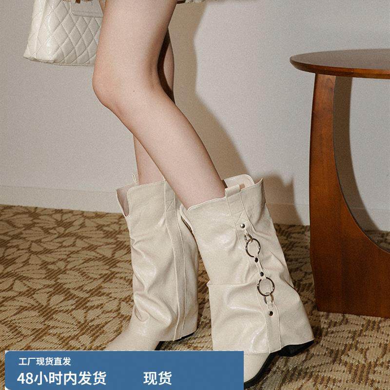 梨小七~法式气质百搭温柔外穿裤管靴女尖头金属扣V口小众褶皱短靴