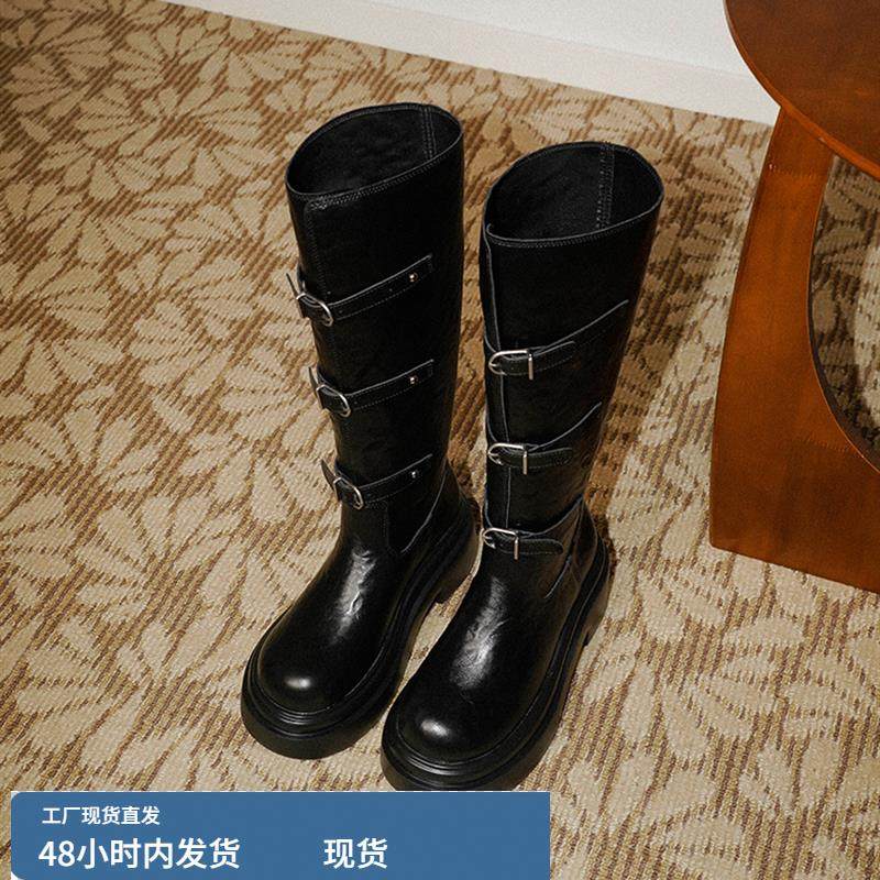 梨小七~长靴女英伦风皮带扣宽筒显瘦厚底骑士靴小个子增高马丁靴