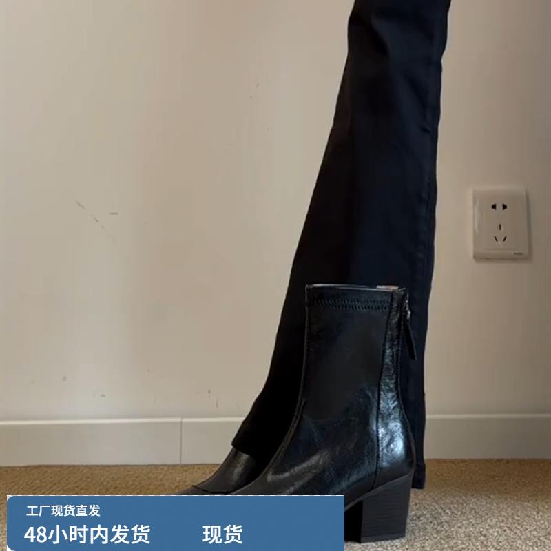 牛皮版~小个子增高显瘦row风短靴女法式后拉炼尖头优雅弹力瘦瘦靴