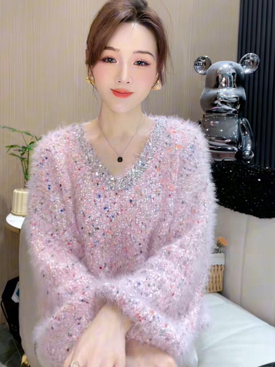 短款钉珠针织打底衫女士装春秋冬爆款v领小个子内搭毛衣套头上衣