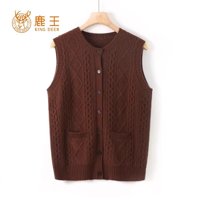 年货节福利！鹿王23新款女圆领100山羊绒绞花针织开衫背心 4M286