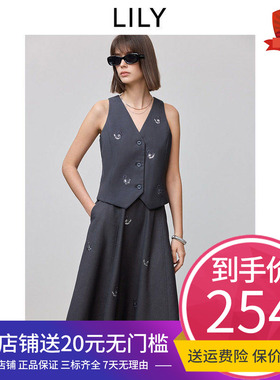 LILY2025春格雷系老钱风设计感气质绣花修身灰色V领马甲背心女