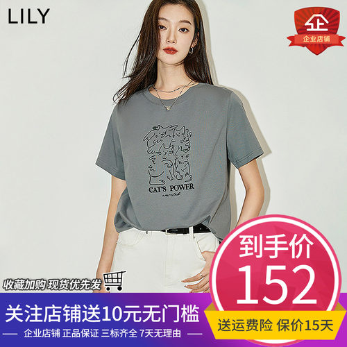 LILY2026夏新款女装复古小猫宽松休闲圆领百搭通勤短袖T恤上衣