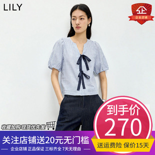 LILY2026夏新款女装棉麻混纺法式V领条纹蝴蝶结气质通勤短袖衬衫