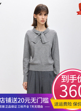LILY2026春秋新款女装蝴蝶结气质休闲通勤灰色长袖针织衫毛衣上衣