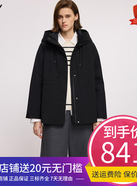 LILY2025冬新款含羊毛90鸭绒连帽抽绳收腰黑色羽绒服外套女中长款