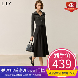 LILY2024秋新款翻领针织拼接修身黑色百褶气质淑女连衣裙A字长裙