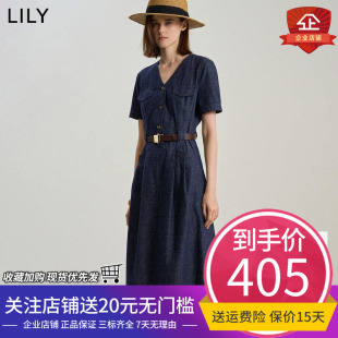 不易褪色牛仔LILY2025夏新款女装复古V领短袖收腰通勤连衣裙长裙