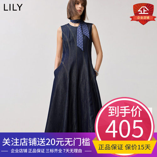 【商场同款】LILY2025春新款设计感复古收腰无袖圆领牛仔连衣裙女
