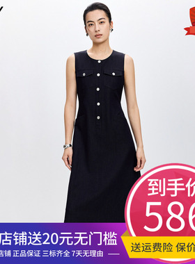 LILY2026春新款女装复古小香风无袖圆领收腰气质通勤仿牛仔连衣裙