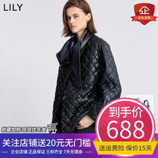 LILY2025冬新含围巾复古PU皮菱格90鸭绒轻薄羽绒服外套女短款