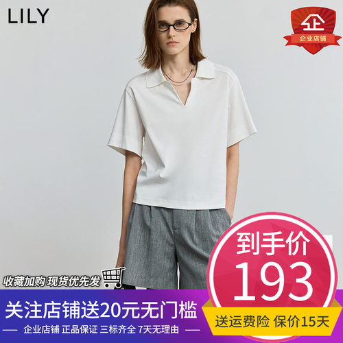 LILY2025夏新款女装POLO领气质宽松休闲百搭通勤白色短袖T恤上衣