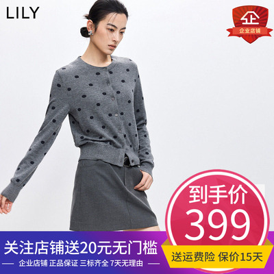 LILY2026春新款含羊毛格雷系波点气质通勤休闲圆领针织开衫外套女