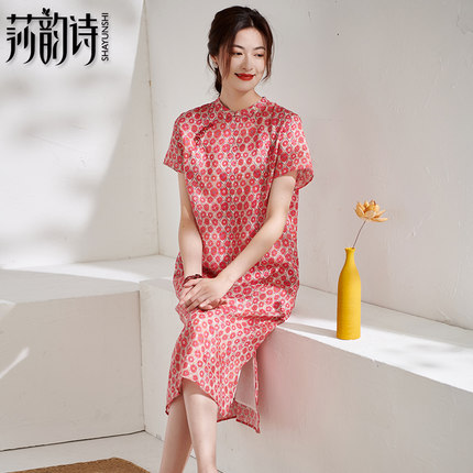 莎韵诗2024夏季新款中式改良度假旅行旗袍复古红色短袖苎麻连衣裙