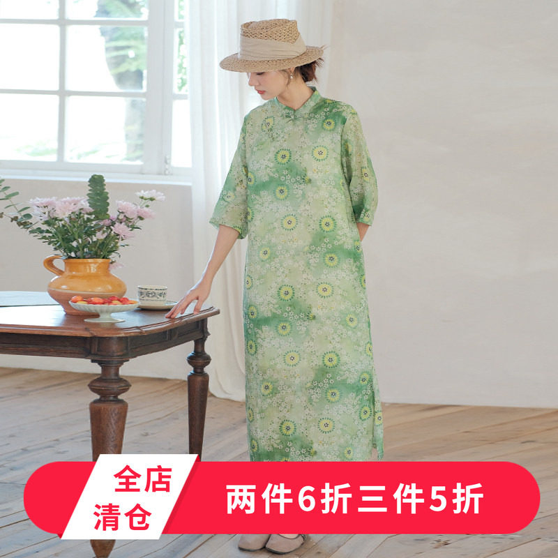 莎韵诗2026夏新品中式立领文艺印花斜襟盘扣开衩裙改良旗袍连衣裙