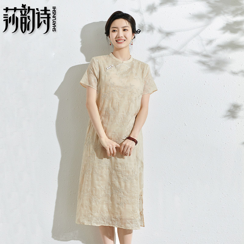 2025夏季新品女装纯苎麻刺绣工艺旗袍中式改良气质棉麻高端连衣裙
