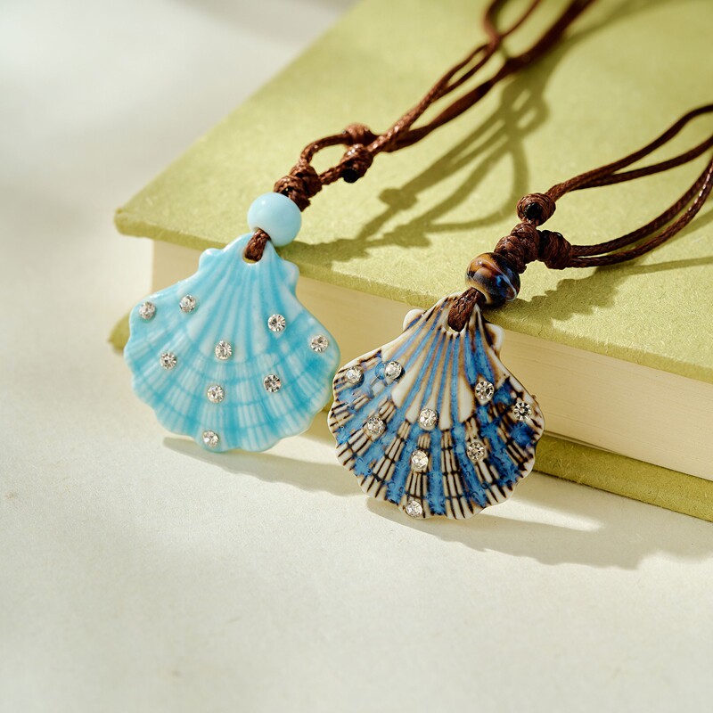创意小饰品景德镇陶瓷首饰贝壳吊坠项链女式民族风首饰绳子可调节