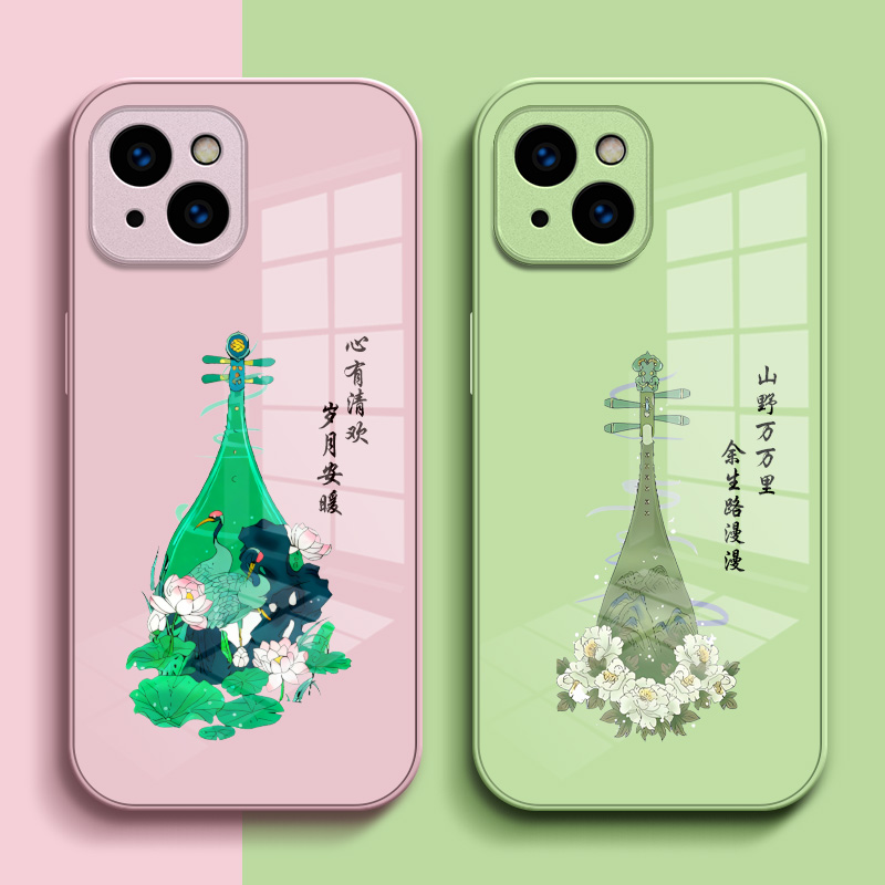 适用iphone 15手机壳A3092保护套iphoe15钢化玻璃背板iPhine15玻璃壳Pg L5中国风iPhonr15琵琶pingg15