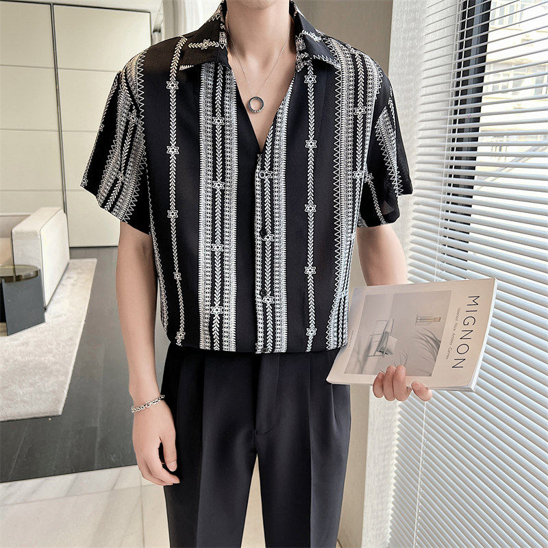 2025夏季青年男士潮牌印花短袖衬衫尖领超薄上衣男C203A-8810-P58图片