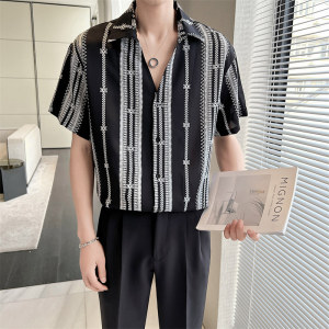 2025夏季青年男士潮牌印花短袖衬衫尖领超薄上衣男C203A-8810-P58图片