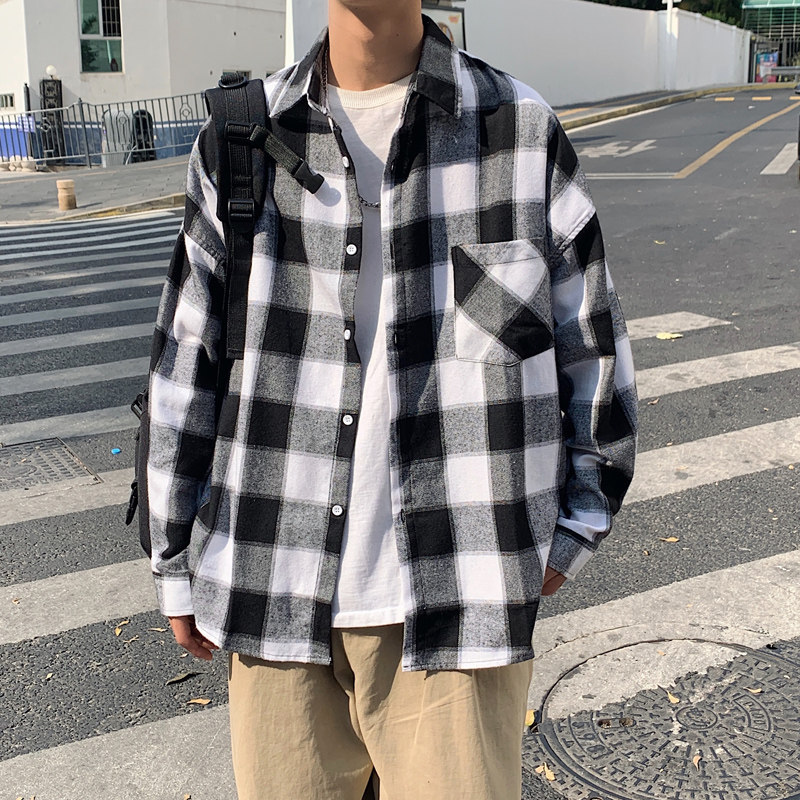 春季格子衬衫男士长袖港风潮流衬衣休闲百搭上衣宽松痞帅情侣3015,男装衬衫,电商C208A