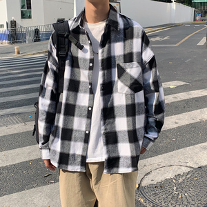 春季纯棉格子衬衫男长袖港风日系复古格纹衬衣黑白格子衫3015