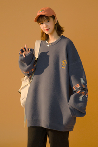 毛衣女外穿春秋季宽松复古美式字母印花慵懒风针织上衣5100图片