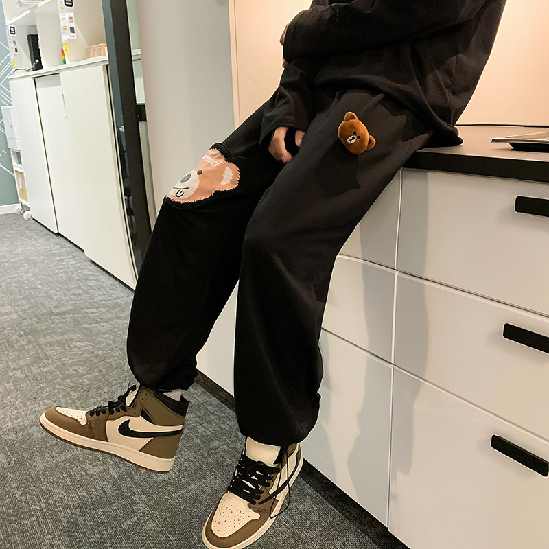 小熊运动裤男春秋季宽松束脚卫裤青少年潮流ins个性休闲裤子6651,男装休闲裤,电商C208A
