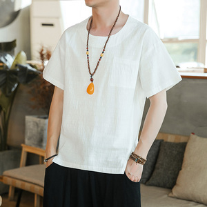 夏季棉麻短袖T恤男宽松大码圆领纯色亚麻衣服潮C203A-8002P45控69图片