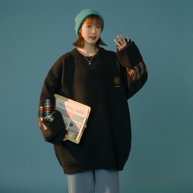 毛衣女外穿春秋季宽松复古美式字母印花慵懒风针织上衣5100,男装针织衫/毛衣,电商C208A