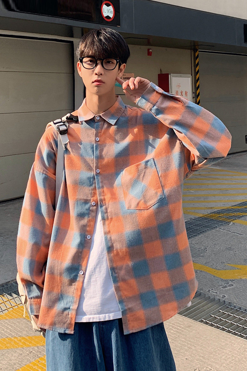 春季格子衬衫男士长袖港风潮流衬衣休闲百搭上衣宽松痞帅情侣3015,男装衬衫,电商C208A