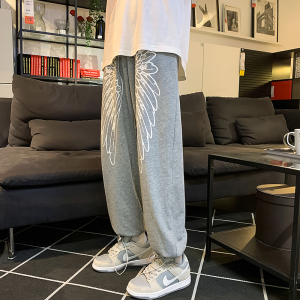 艺术感慵懒裤子高街ins潮灰色翅膀运动卫裤男boy长裤6648图片