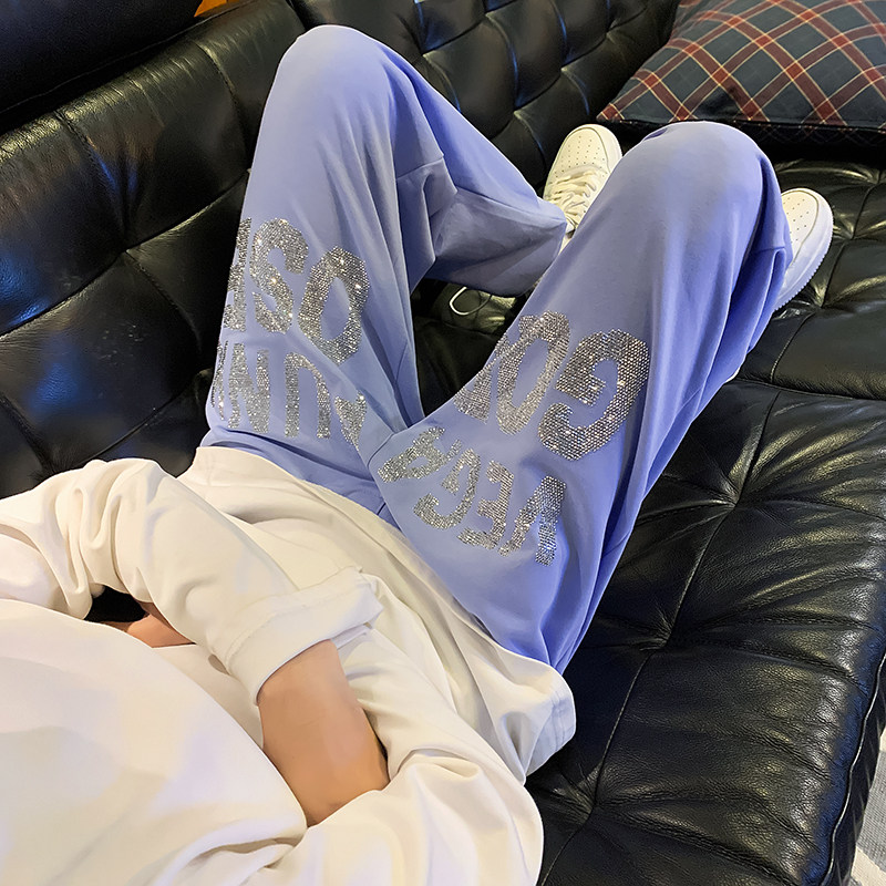 潮牌男装春秋时尚高端休闲卫裤烫钻黑色裤子宽松运动纯棉长裤6647图片
