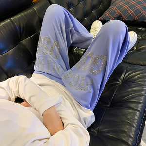 潮牌男装春秋时尚高端休闲卫裤烫钻黑色裤子宽松运动纯棉长裤6647图片