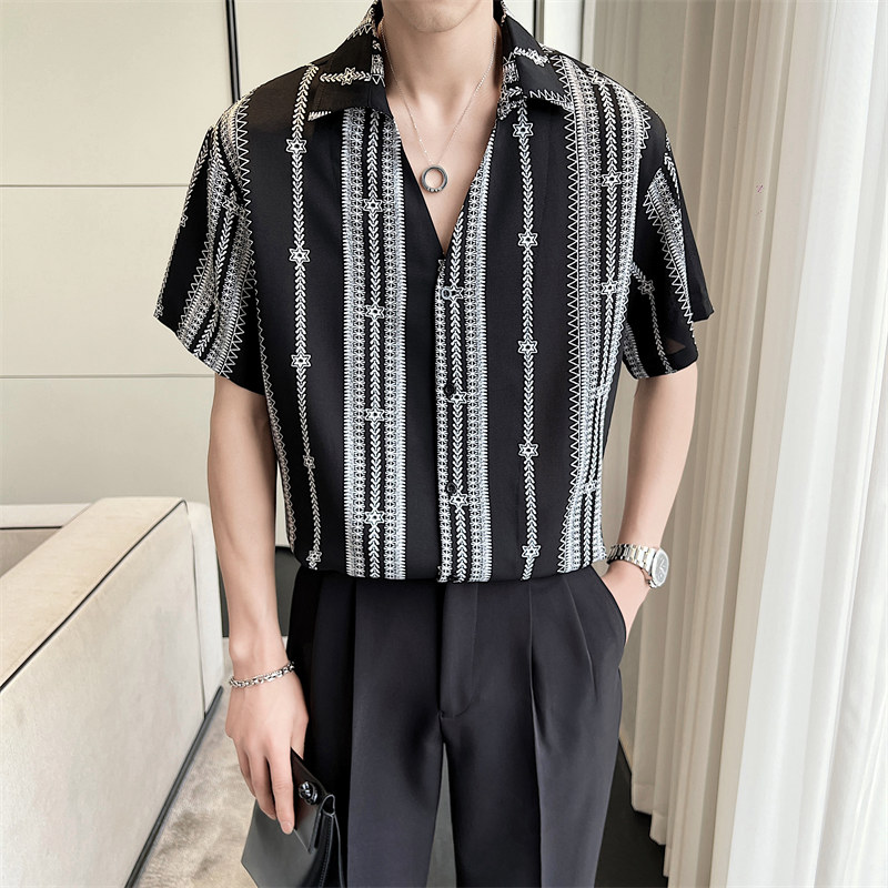 2025夏季青年男士潮牌印花短袖衬衫尖领超薄上衣男C203A-8810-P58,男装T恤,电商C208A