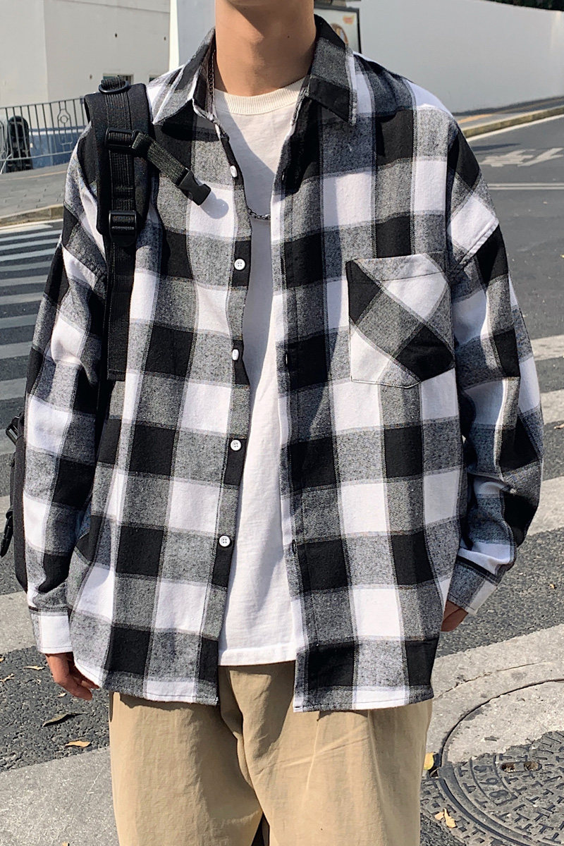 春季纯棉格子衬衫男长袖港风日系复古格纹衬衣黑白格子衫3015,男装衬衫,电商C208A