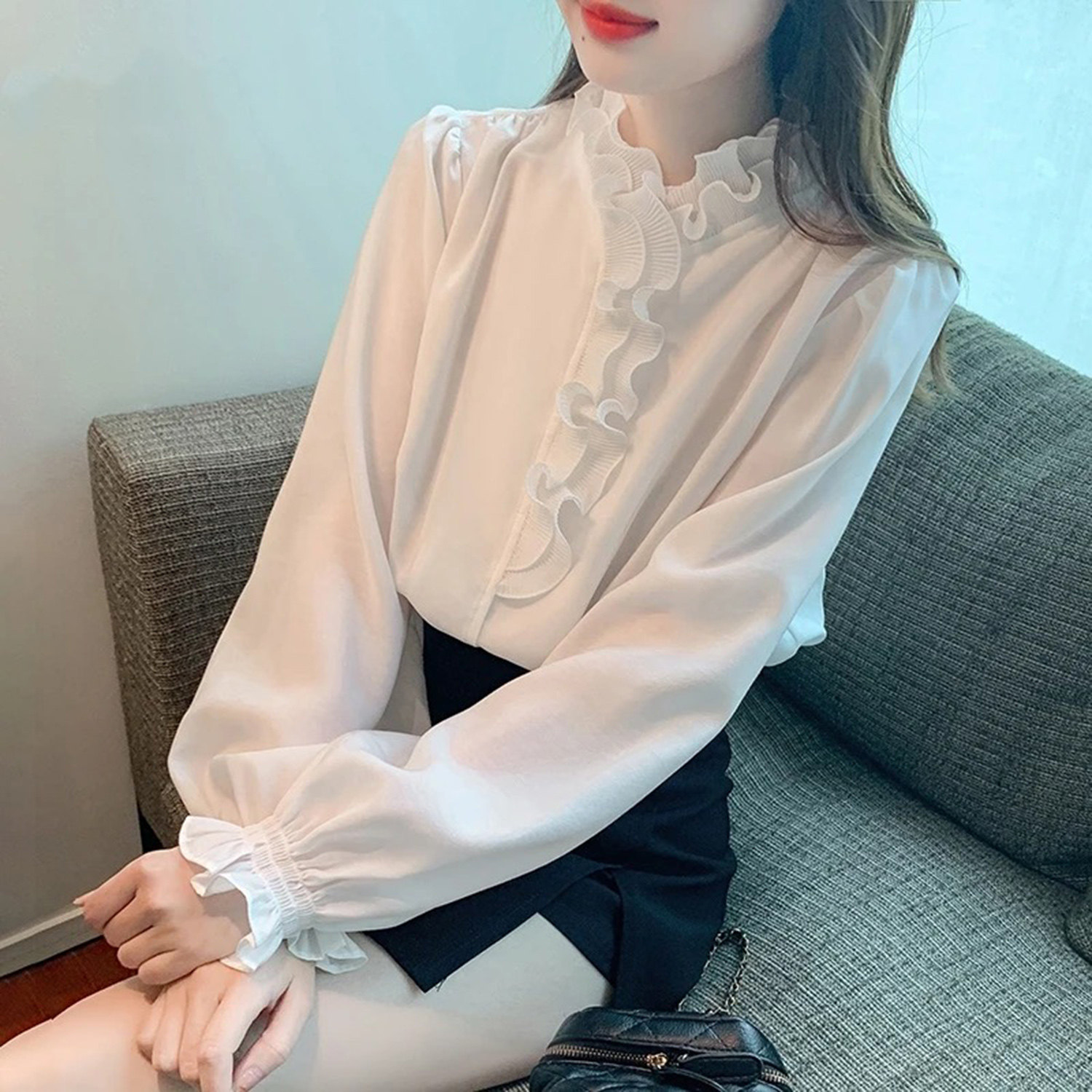 铂瑾精选女士白色蕾丝衬衫木耳边立领设计感打底衫时尚轻奢衬衣潮