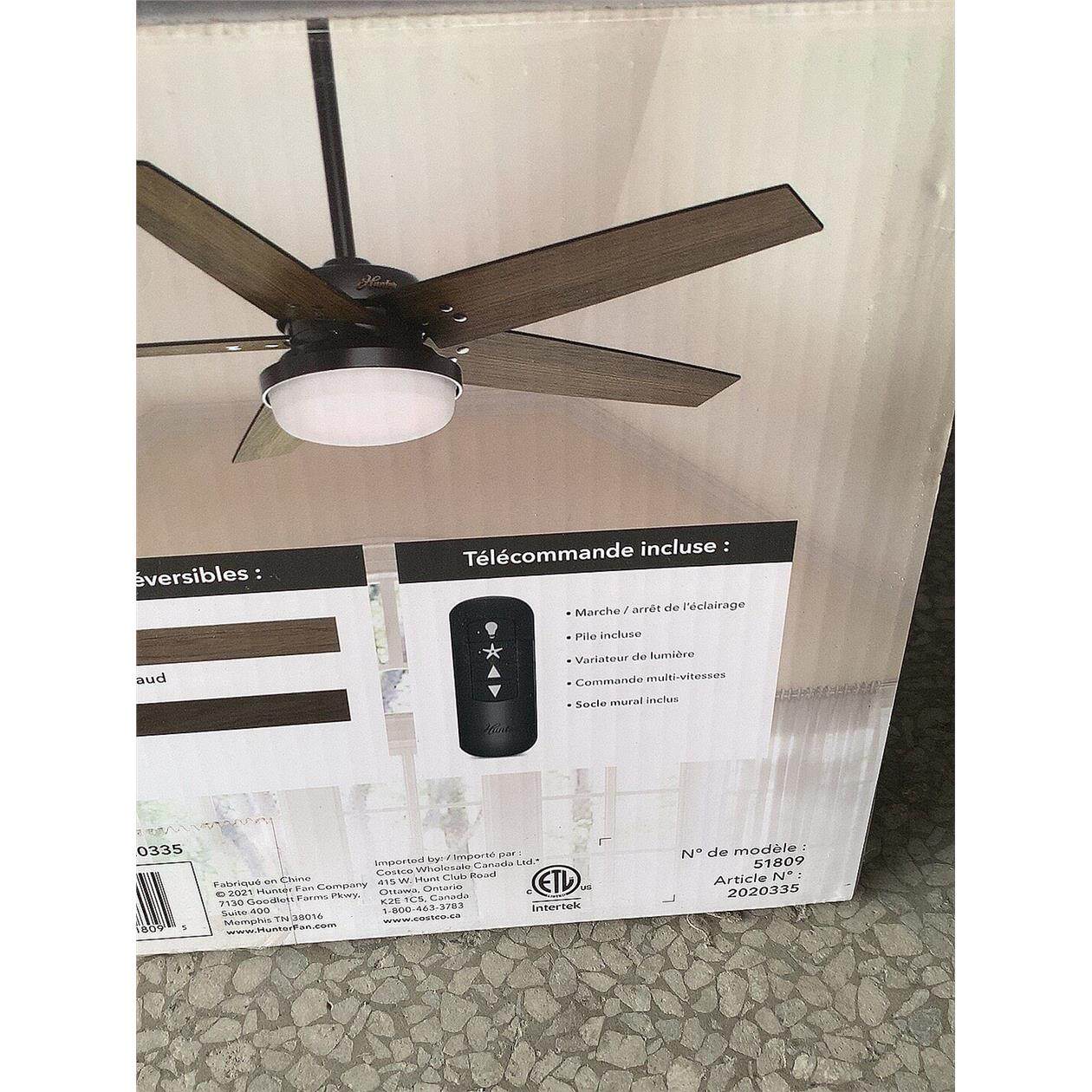 全新Hunter风扇，型号51809，带灯功能，电压120V