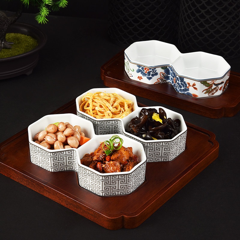 创意陶瓷组合餐具带木质底座小吃双格碟会所精致前菜凉菜分格餐具,餐饮具,酒店餐具,淘宝优惠券,粉丝福利购,淘宝优惠卷