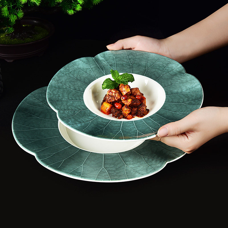 新中式创意莲叶宽边冷菜盘子会所餐厅凹造型凉菜碟意境菜摆盘餐具
