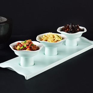 餐厅新中式 会所创意甜品碗意境菜高脚碟 小吃凉菜三连组合餐具套装