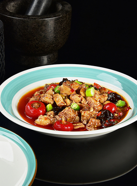 东南亚风墨绿色陶瓷圆深盘餐厅精致烧菜炒菜盘加深盘商用酒店餐具